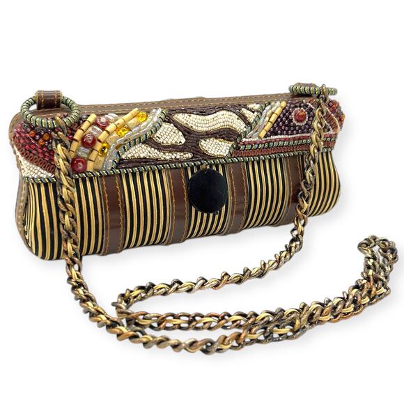 Mary Frances Vintage Beaded Baguette Hard Shell Shoulder Handbag Brown Gold Tan - Picture 3 of 14